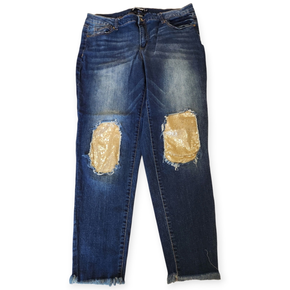 Dollhouse Alexa Gold Sequined Knee Patch Frayed Hem Jeans Size 18
